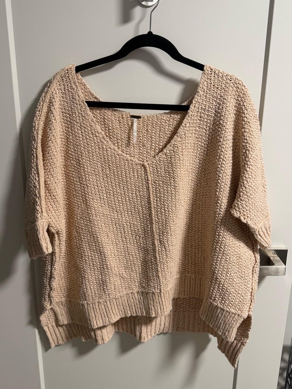 Free People Textured V-Neck Oversized Sweater in Cream